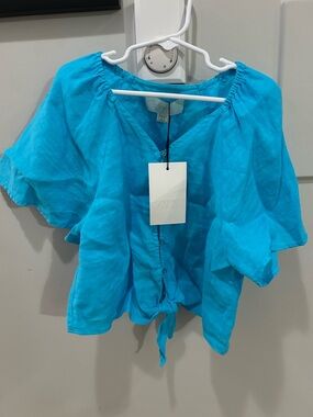 New Zara Girls 100% Linen Blue Button Tie Front Top Size 9-10 Short Sleeve